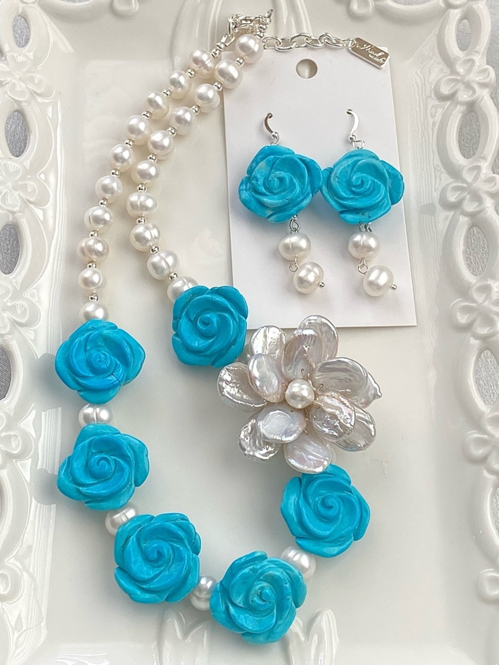 GP61-Handmade Natural Turquoise Flowers And Double Layer Pearl Flower Set